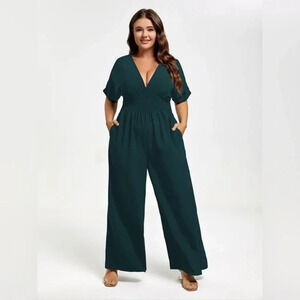 Plus V Neck Dolman Sleeve Ruffled Shirred Wide Leg Jumpsuit